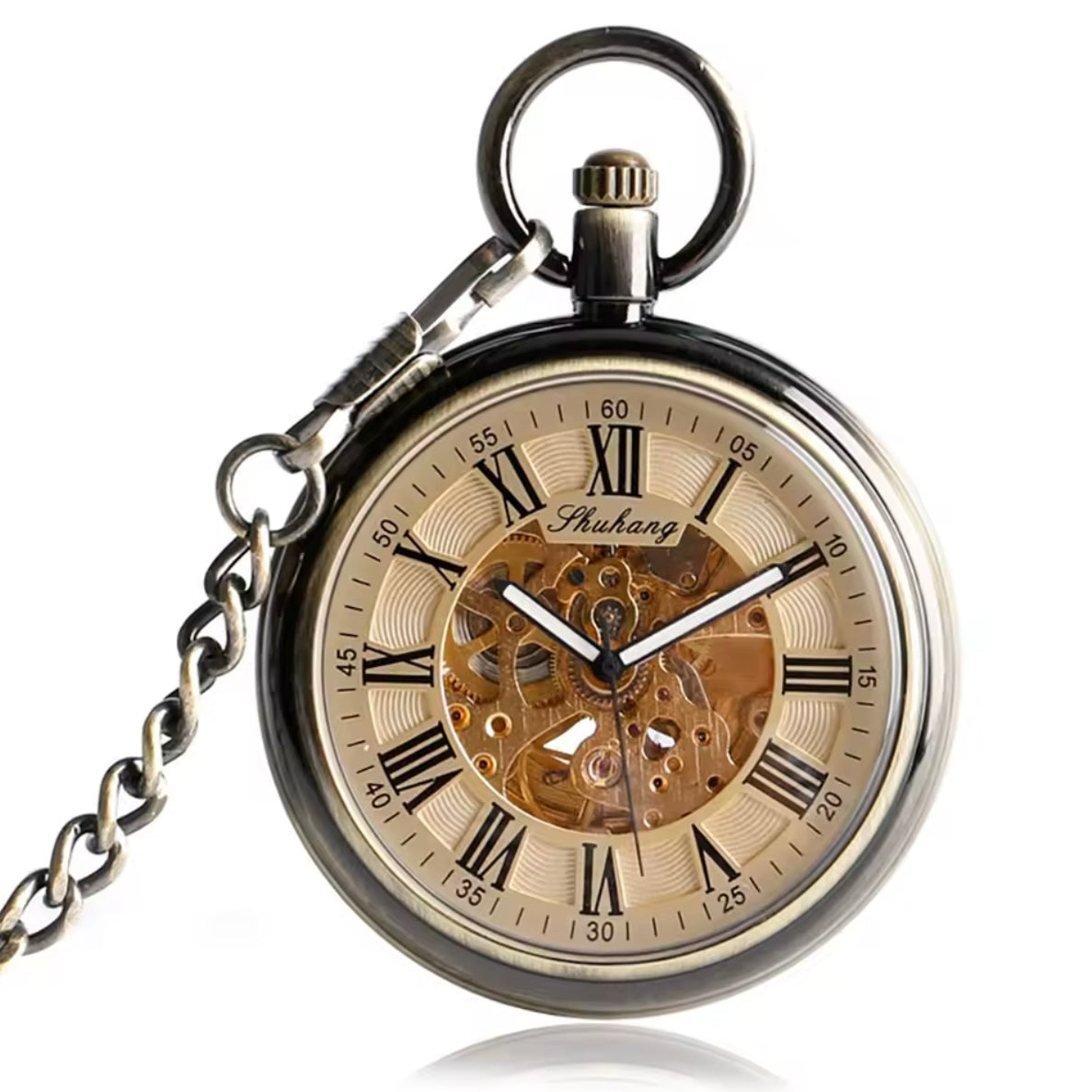 Bronze Automatic Skeleton Pocket Watch with Chain