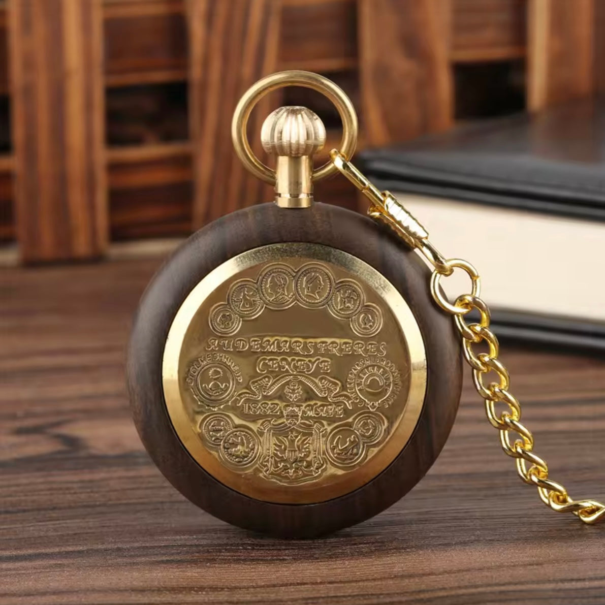 Brown Wooden Quartz Gold Tone Pocket Watch