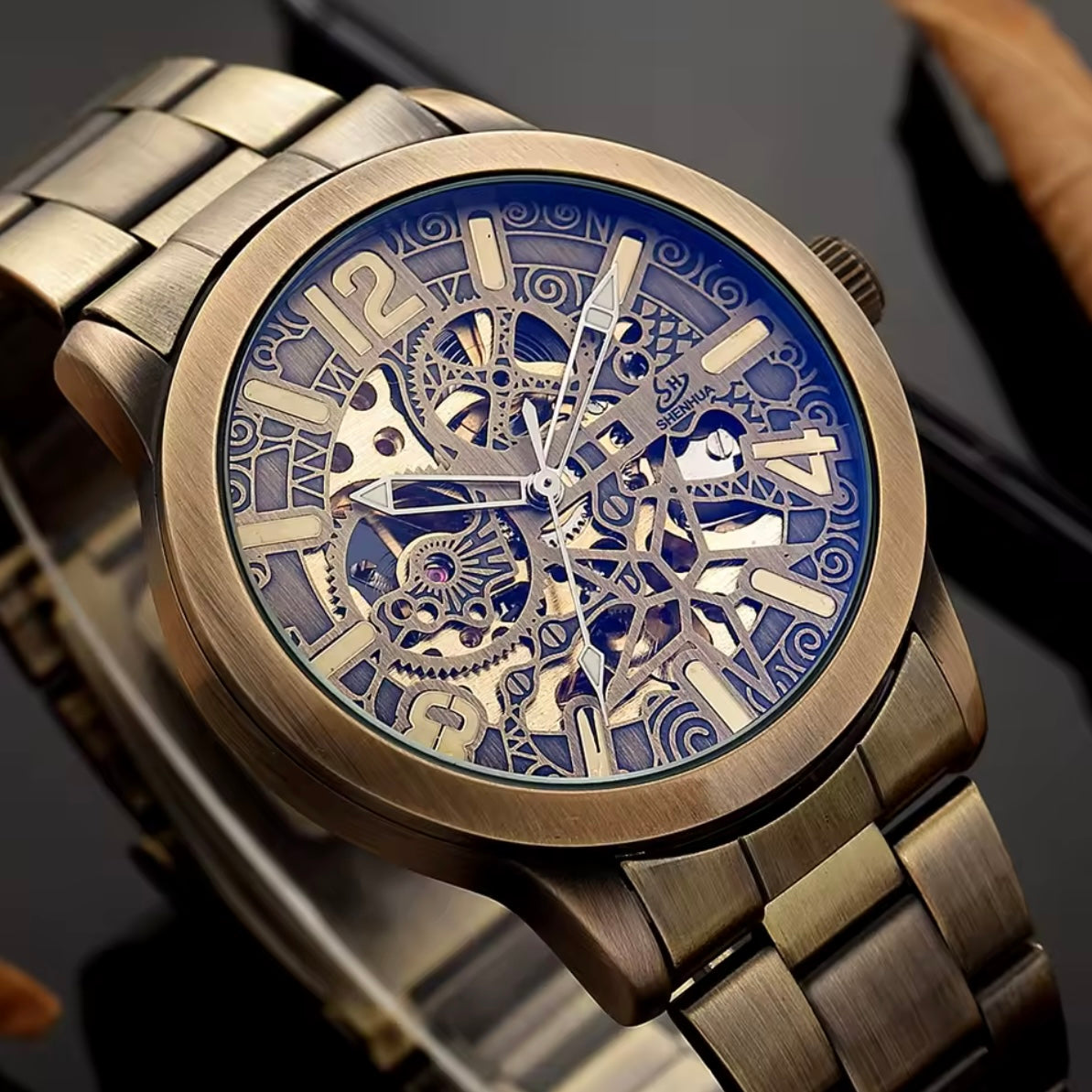 Automatic Skeleton Mechanical Watch Bronze Tone Retro Design