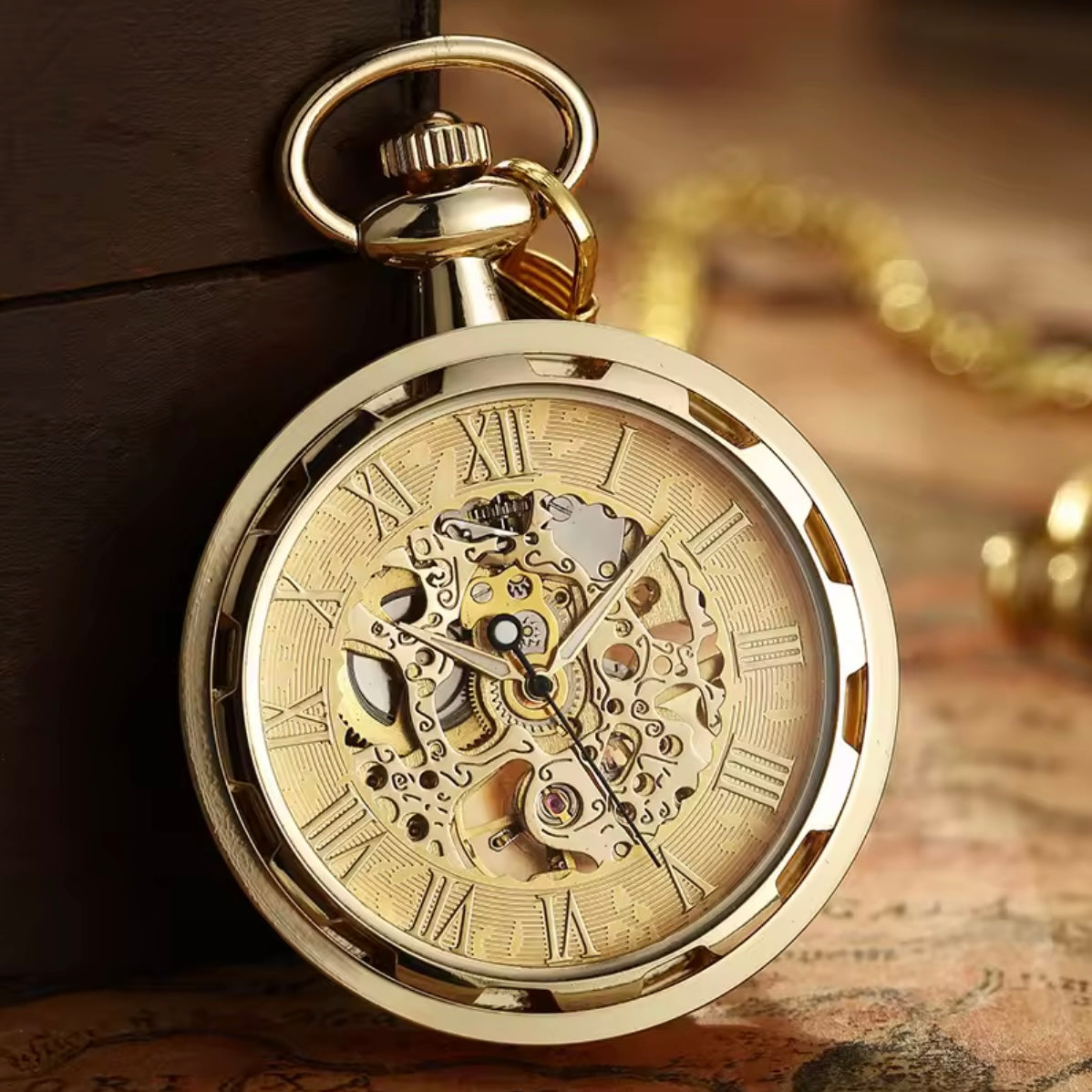 Luxury Golden Skeleton Steampunk Style Mechanical Pocket Watch