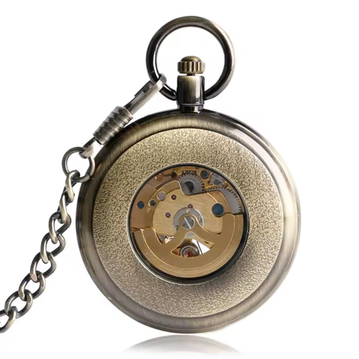 Bronze Automatic Skeleton Pocket Watch with Chain