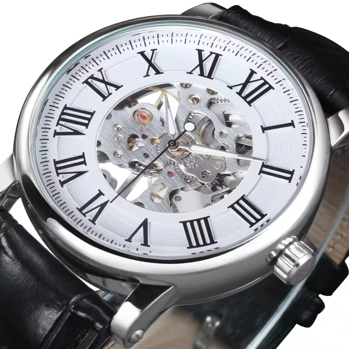 Automatic Skeleton Mechanical Watch Roman Numeral Dial Black Leather Strap