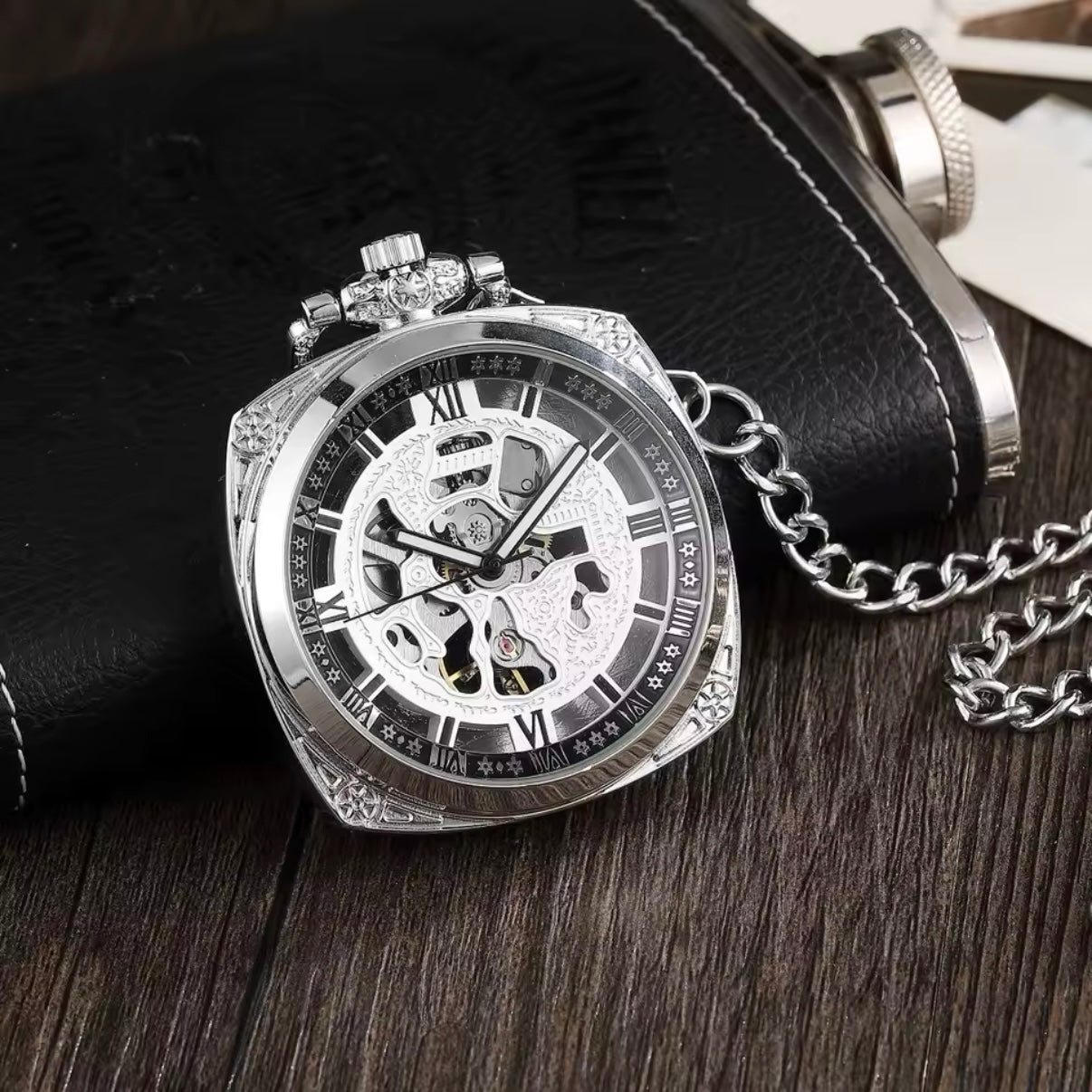 Classic Silver Curved Square Dial Pocket Watch