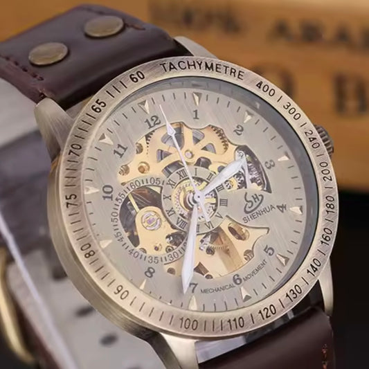 Bronze Classic Skeleton Watch With Brown Strap