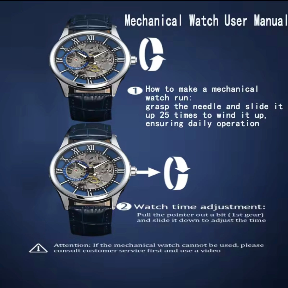 Automatic Skeleton Watch – Silver Case, Navy Blue Dial & Leather Strap