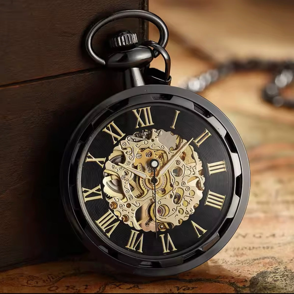 Luxury Black Skeleton Steampunk Style Mechanical Pocket Watch