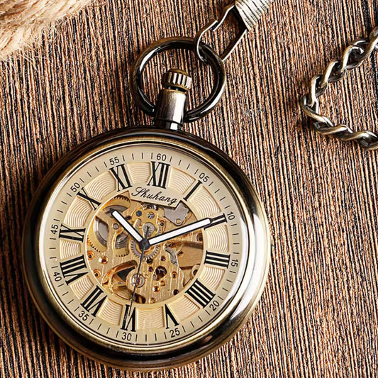 Bronze Automatic Skeleton Pocket Watch with Chain
