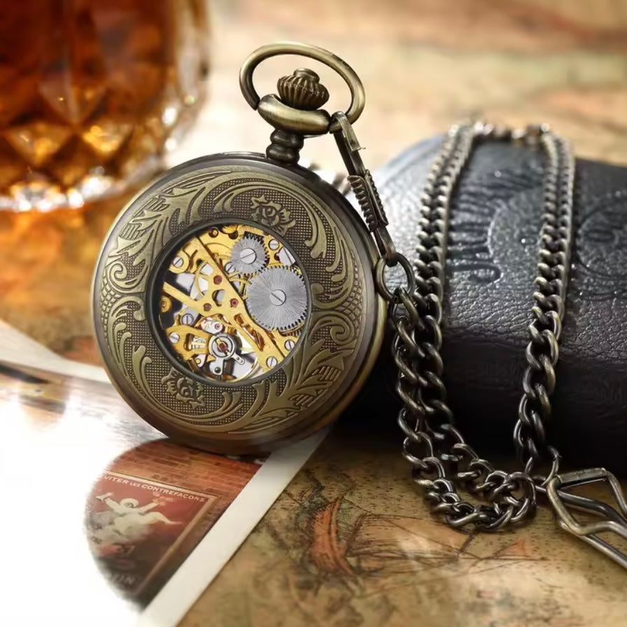 Bronze Skeleton Mechanical Pocket Watch