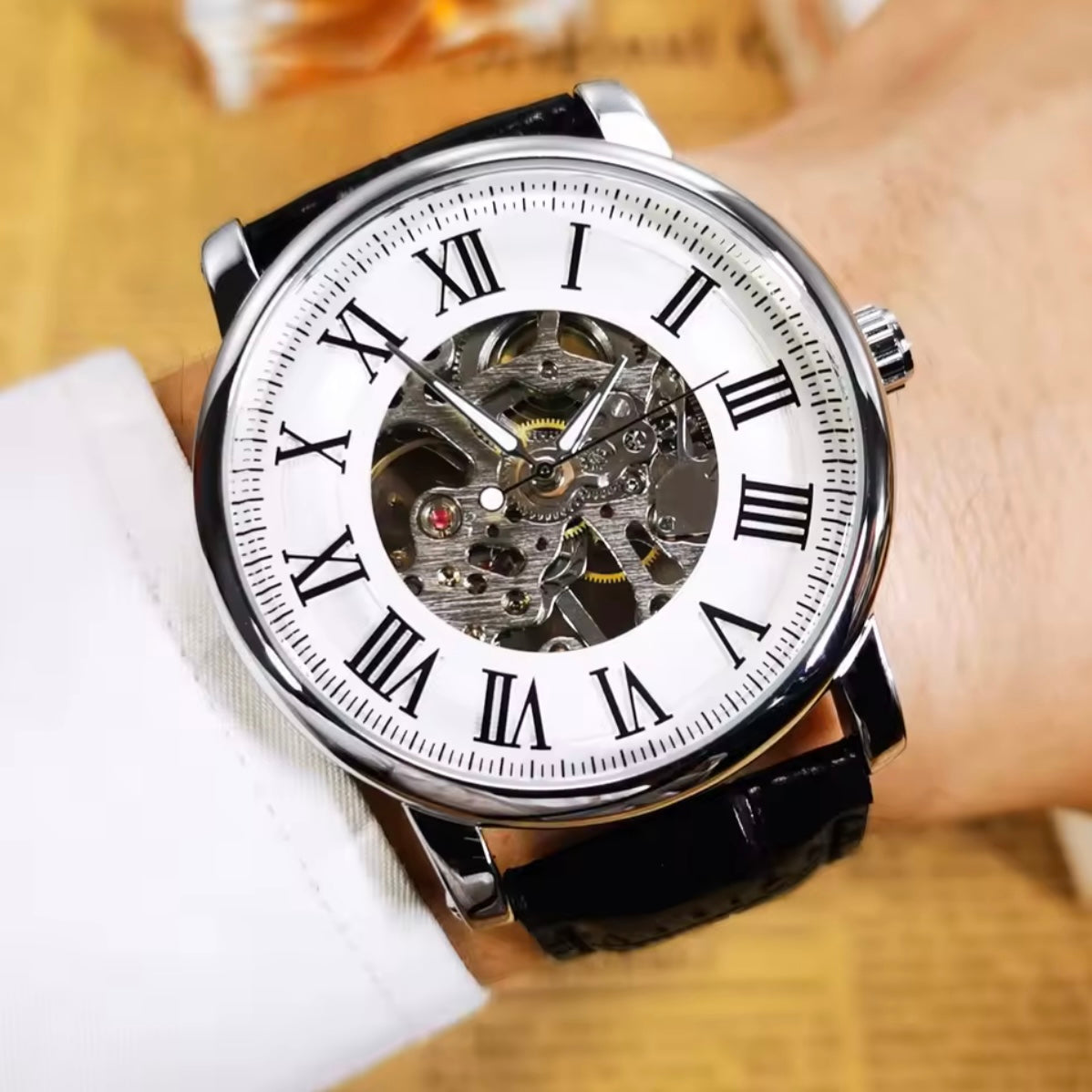 Automatic Skeleton Mechanical Watch Roman Numeral Dial Black Leather Strap