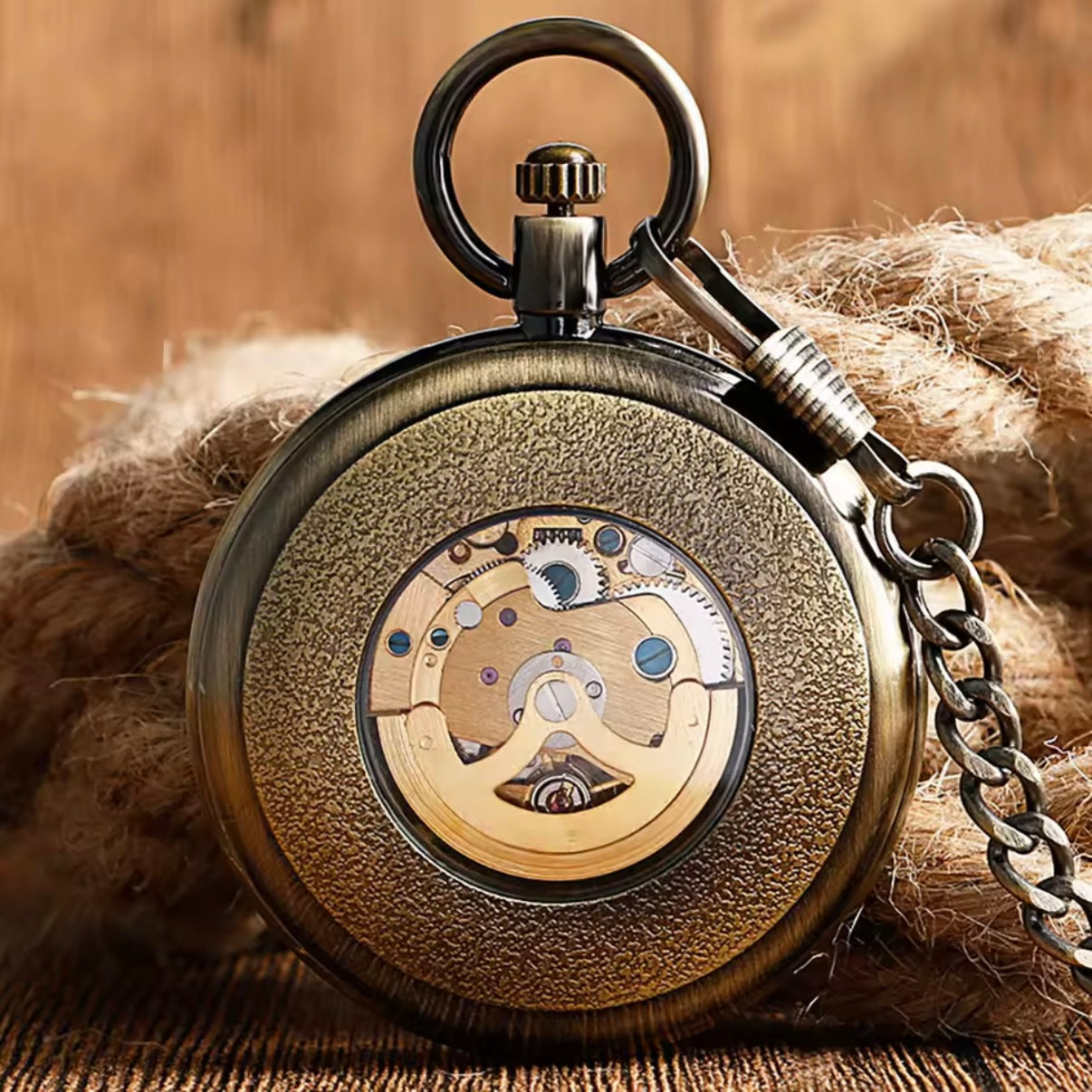 Bronze Automatic Skeleton Pocket Watch with Chain