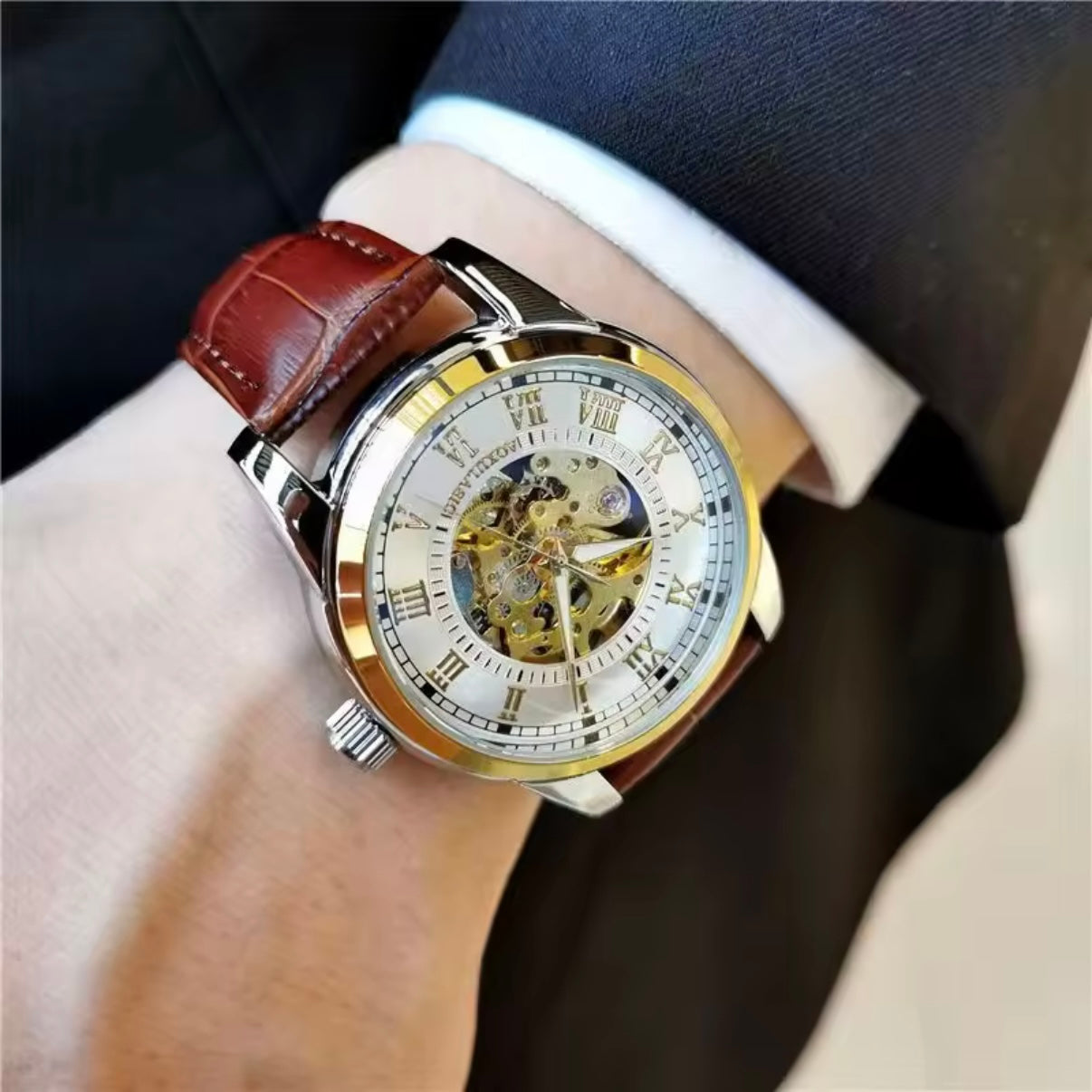 Golden & White Automatic Mechanical Skeleton Watch