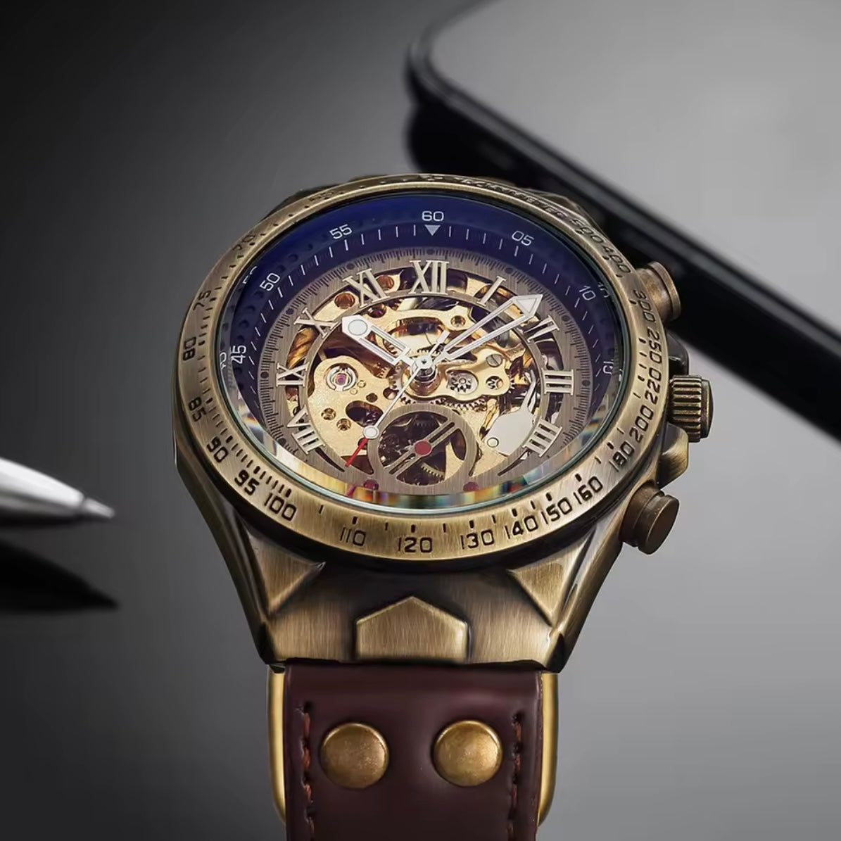 Bronze Automatic Mechanical Skeleton Watch Brown Strap