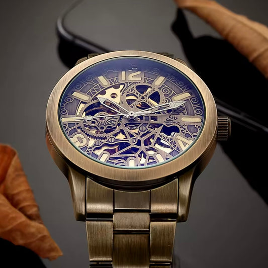 Automatic Skeleton Mechanical Watch Bronze Tone Retro Design