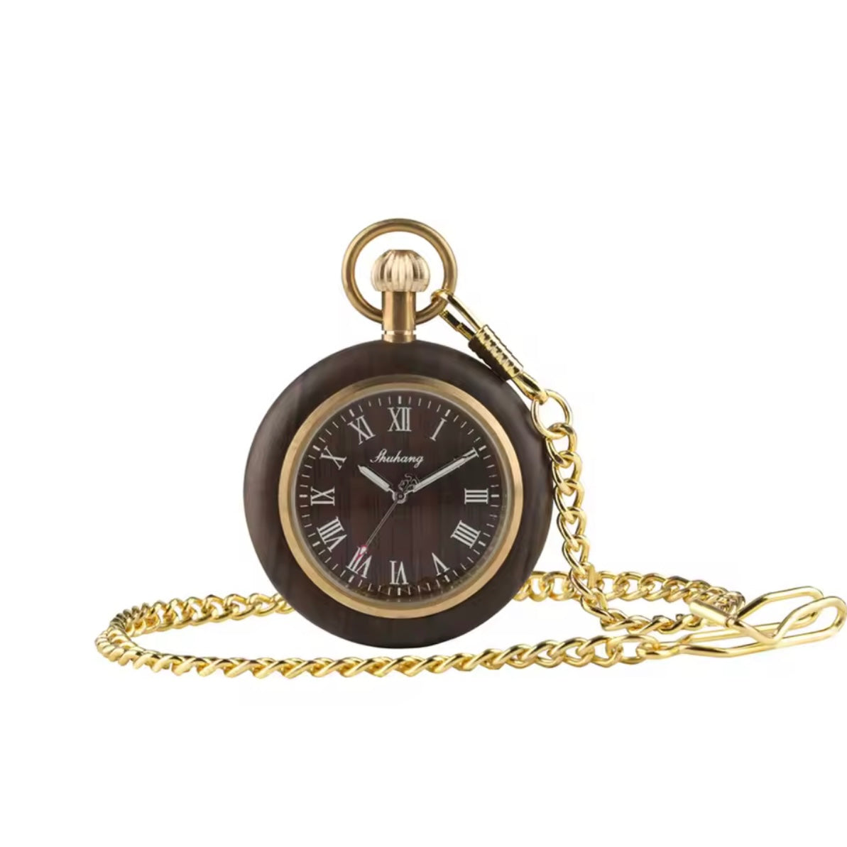 Brown Wooden Quartz Gold Tone Pocket Watch