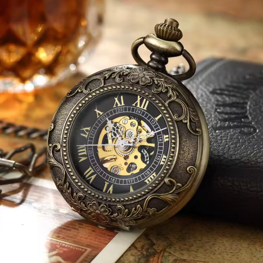 Bronze Skeleton Mechanical Pocket Watch