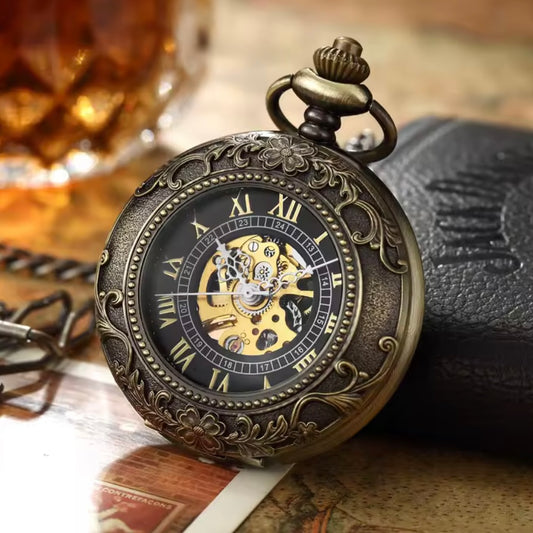 Bronze Skeleton Mechanical Pocket Watch