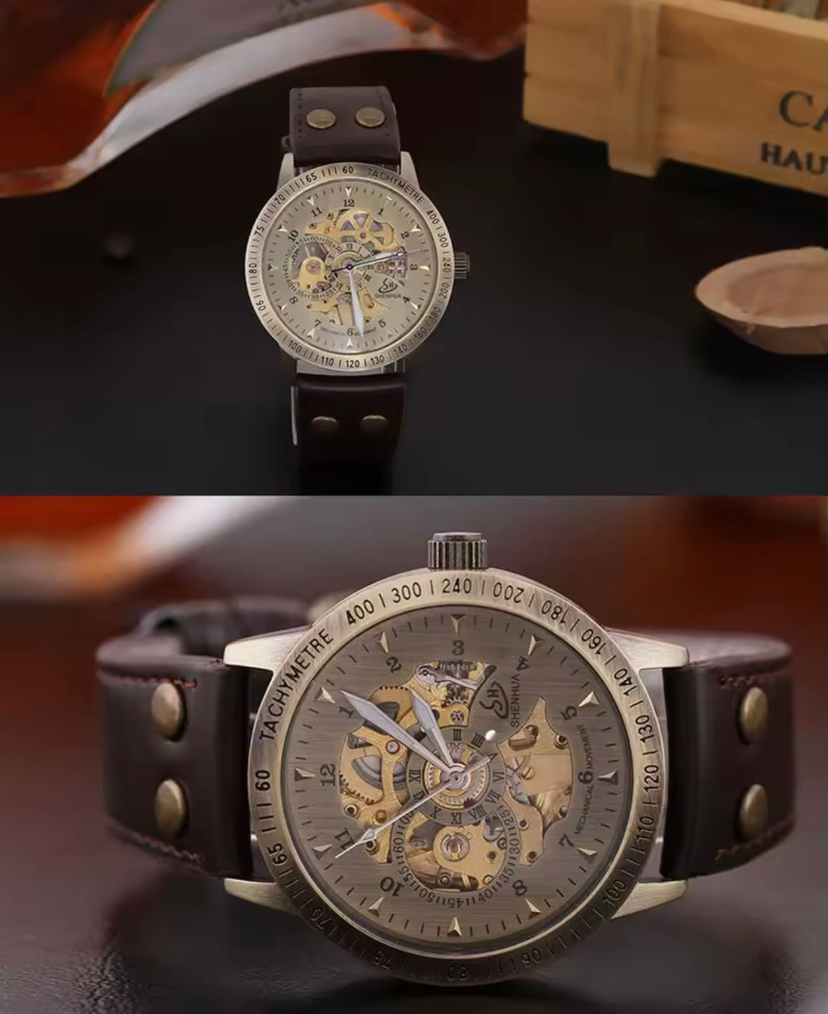 Bronze Classic Skeleton Watch With Brown Strap