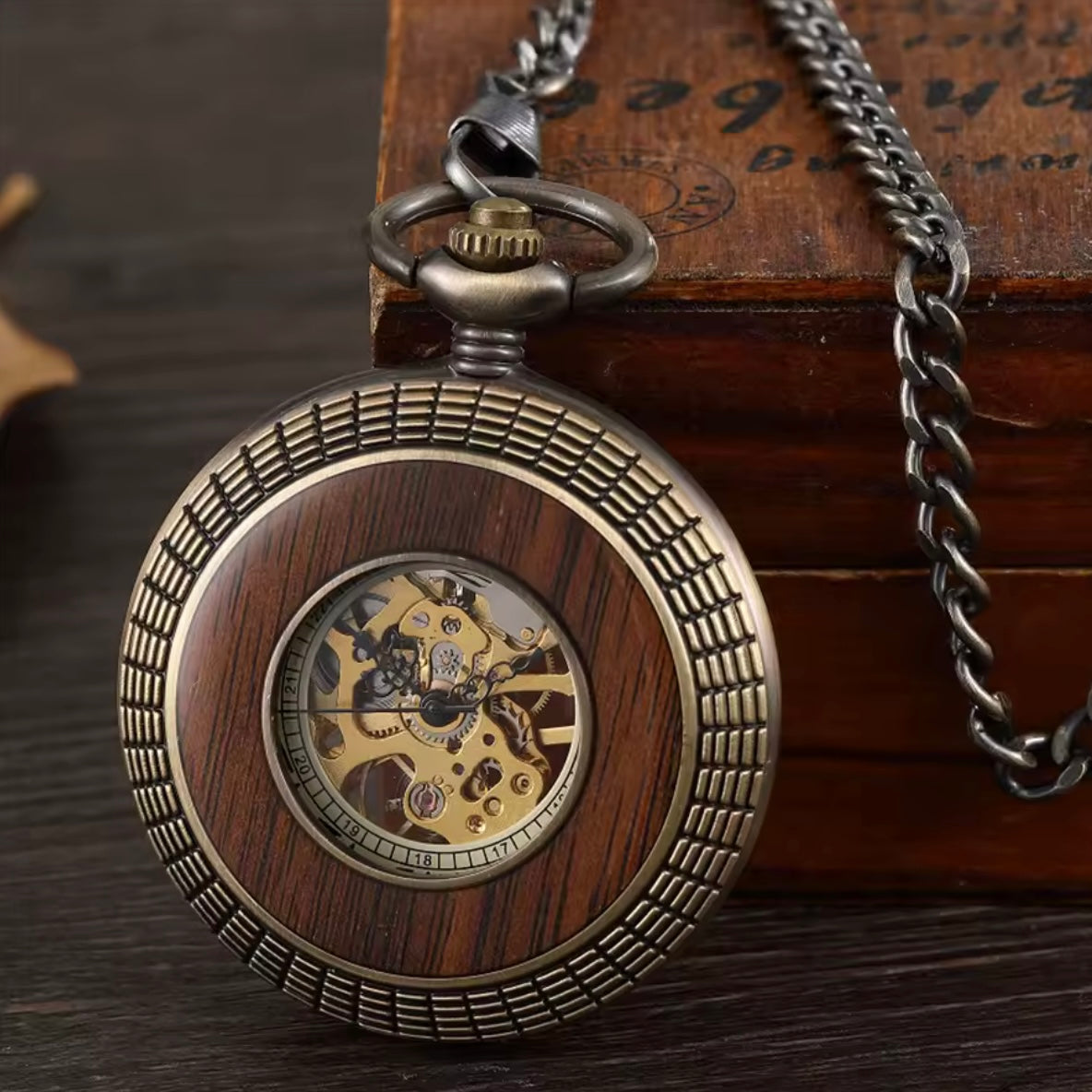 Retro Wood Circle Steampunk Skeleton Pocket Watch