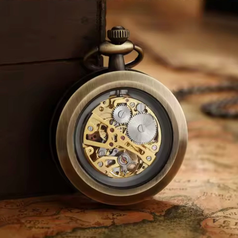 Luxury Bronze Skeleton Steampunk Style Mechanical Pocket Watch