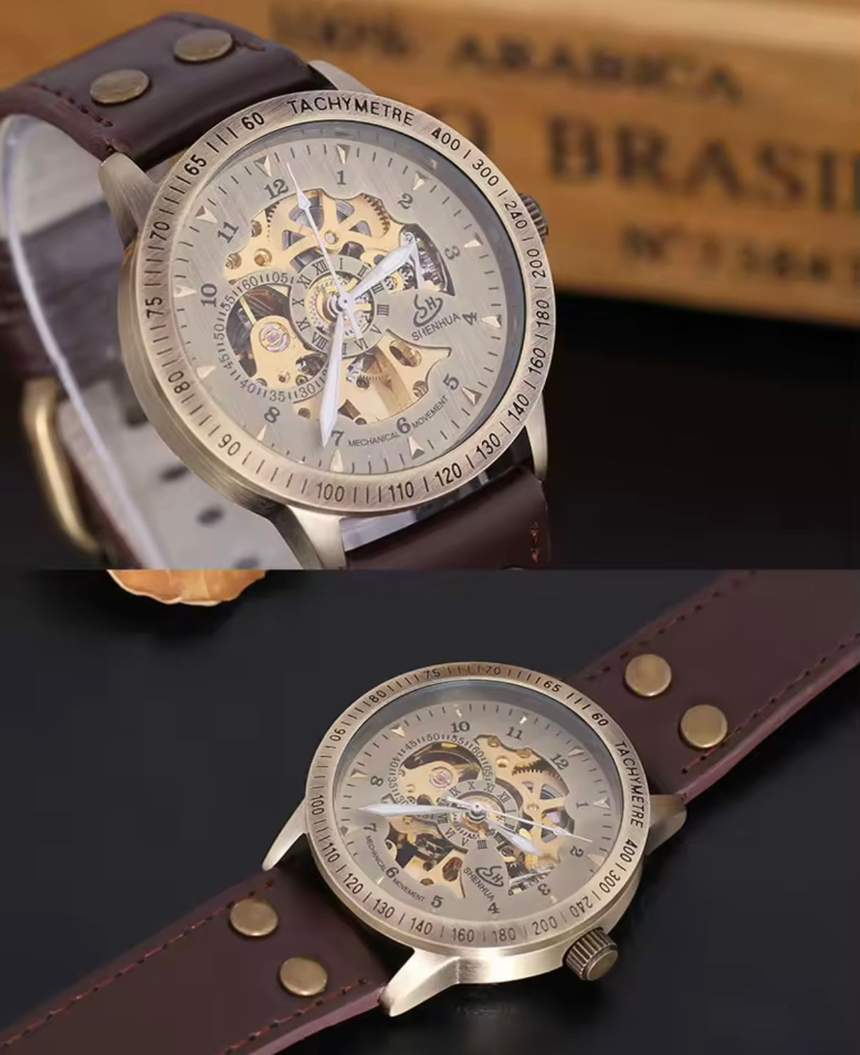 Bronze Classic Skeleton Watch With Brown Strap