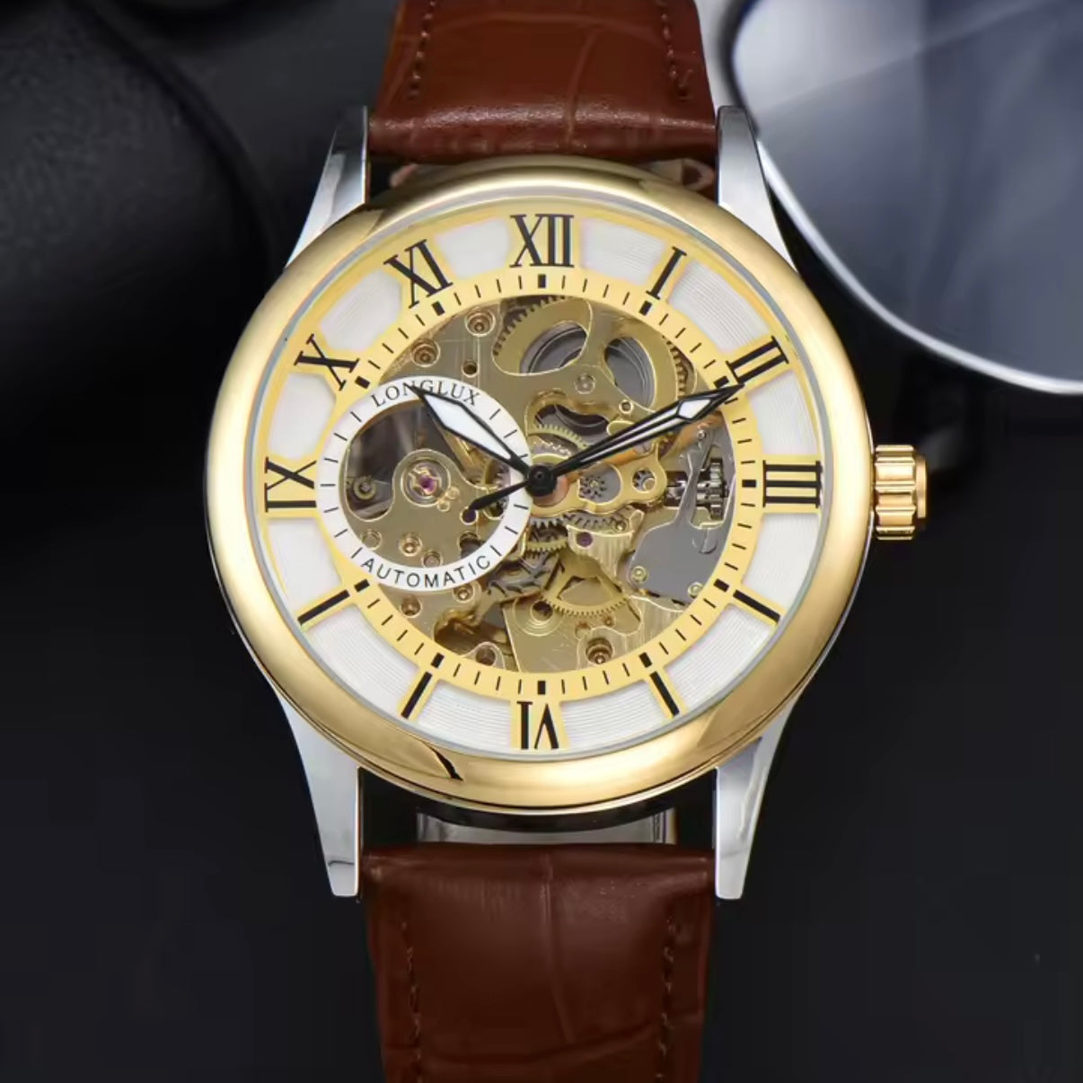 Automatic Skeleton Watch – Gold & Silver Case & Brown Leather Strap