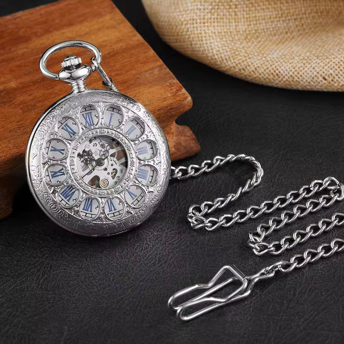 Hollow Roman Numeral Silver Skeleton Pocket Watch