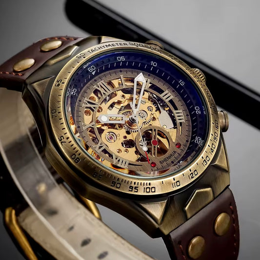 Bronze Automatic Mechanical Skeleton Watch Brown Strap