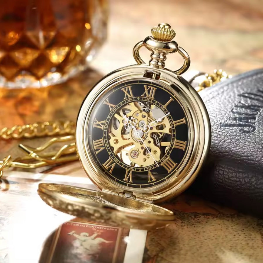 Golden Skeleton Mechanical Pocket Watch