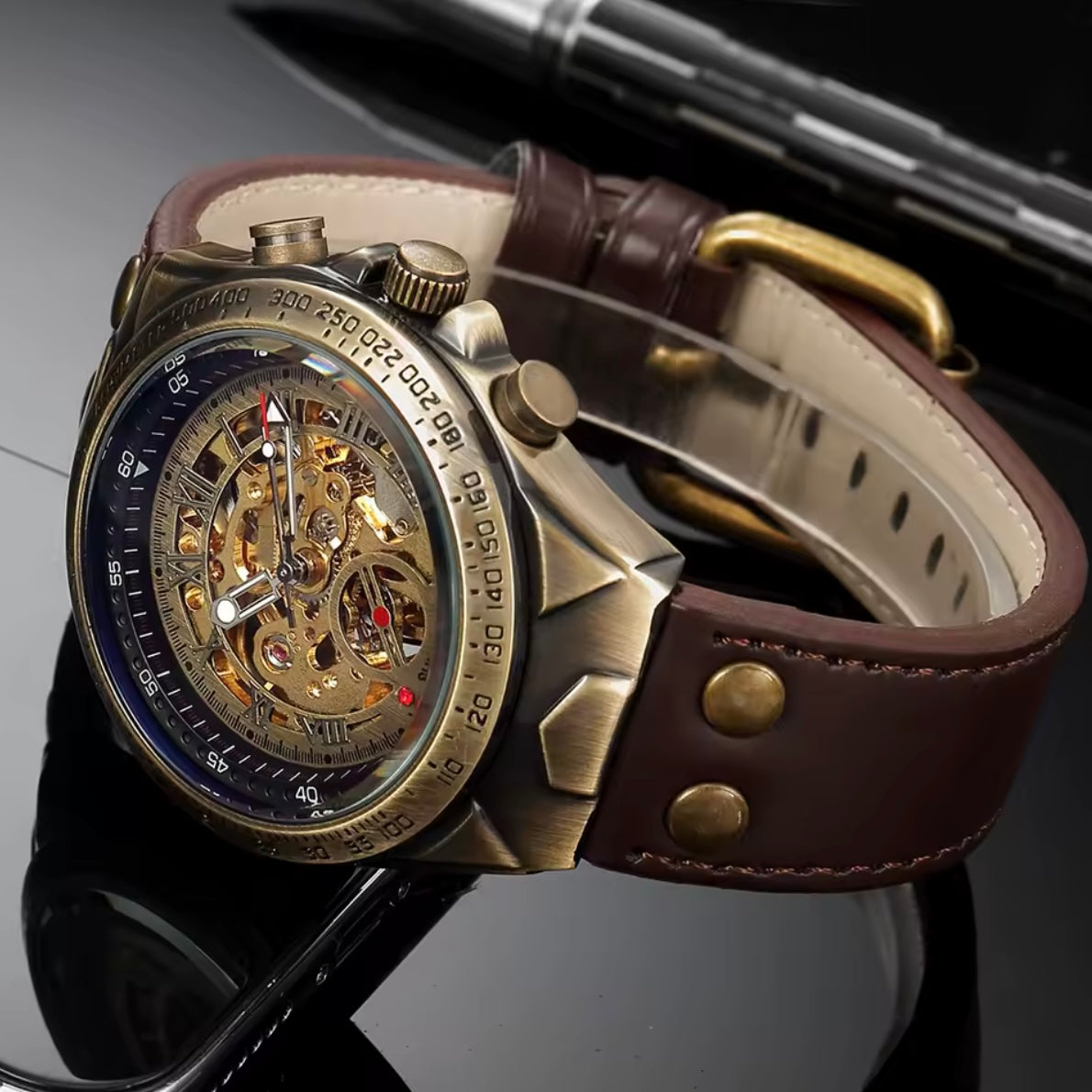 Bronze Automatic Mechanical Skeleton Watch Brown Strap