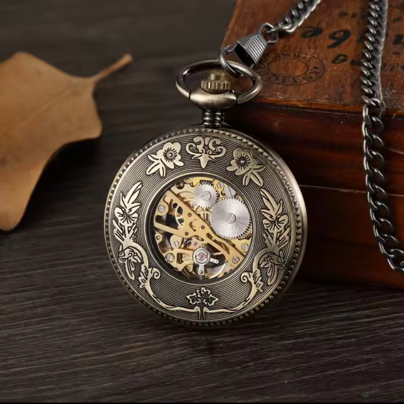 Hollow Roman Numeral Bronze Skeleton Pocket Watch
