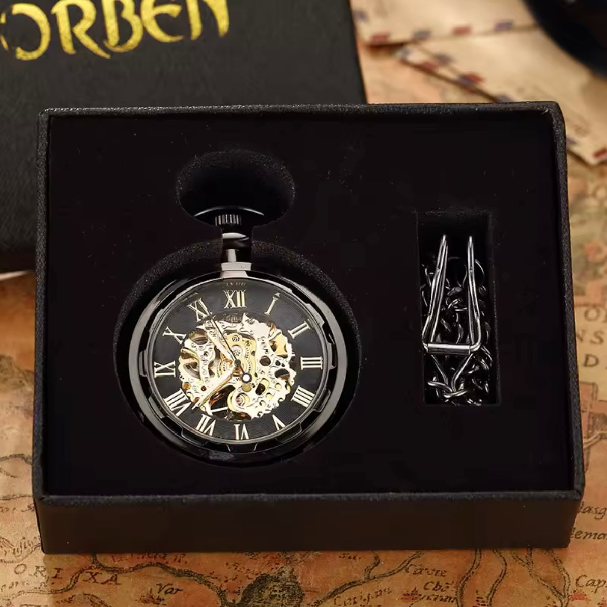 Luxury Black Skeleton Steampunk Style Mechanical Pocket Watch
