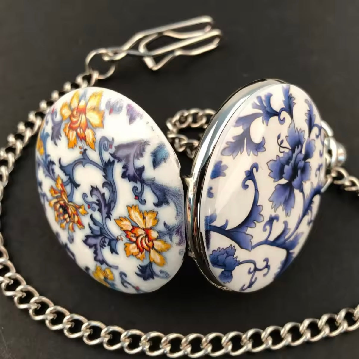 Floral White & Blue Pocket Watch