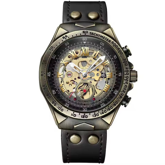 Bronze Automatic Mechanical Skeleton Watch Black Strap
