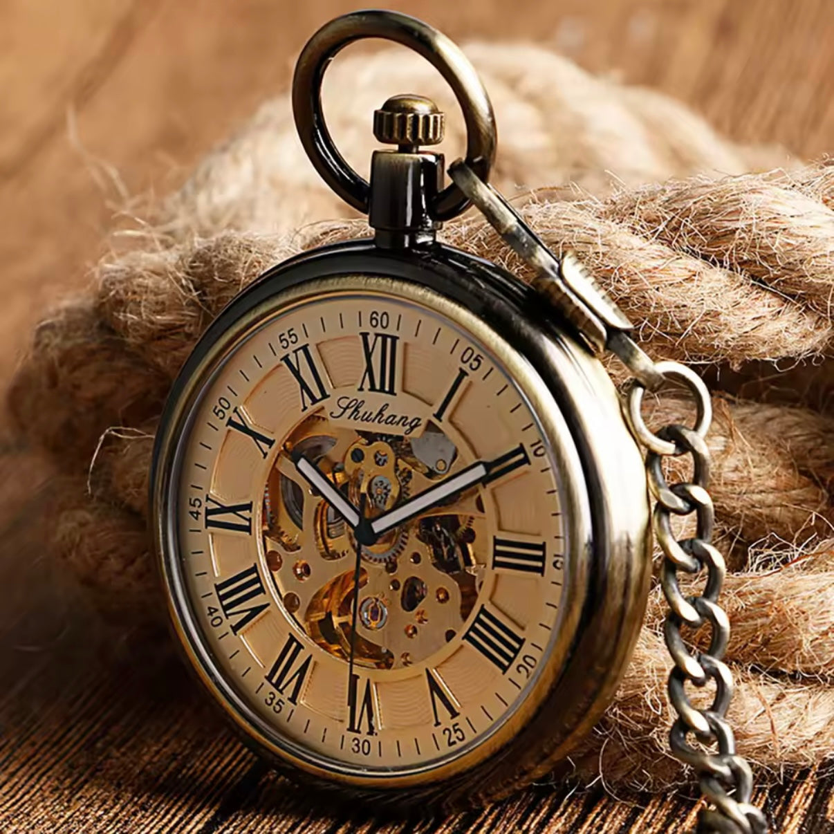 Bronze Automatic Skeleton Pocket Watch with Chain