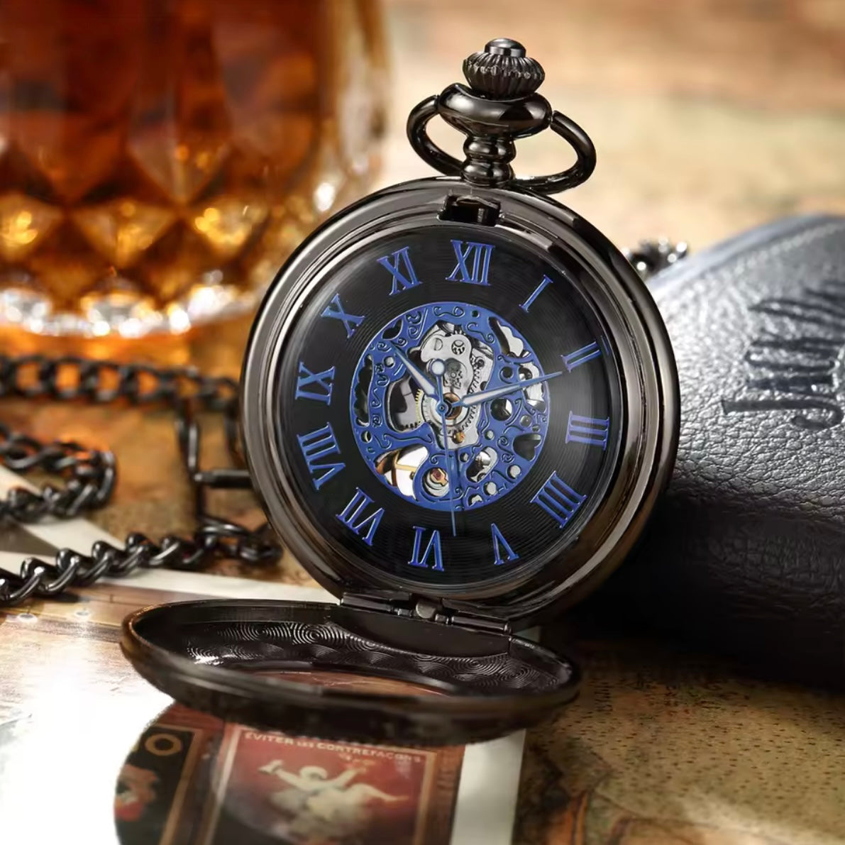 Black Skeleton Mechanical Pocket Watch
