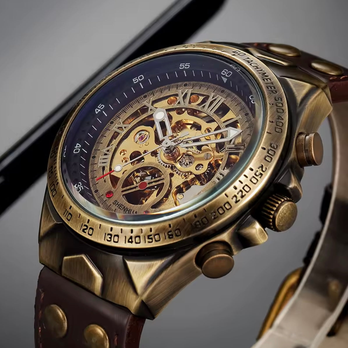 Bronze Automatic Mechanical Skeleton Watch Brown Strap