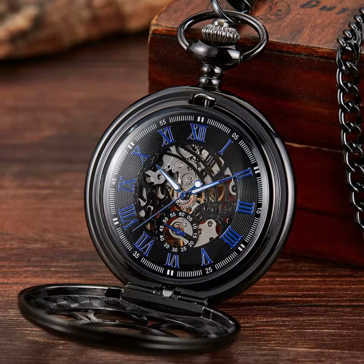 Hollow Black Skeleton Pocket Watch