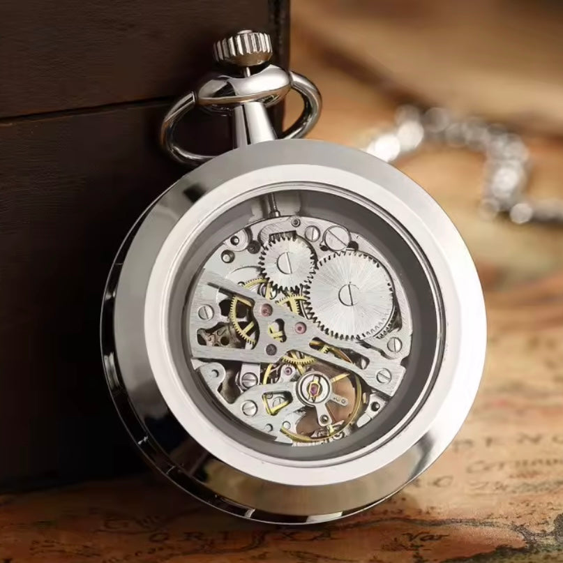 Luxury Silver Skeleton Steampunk Style Mechanical Pocket Watch