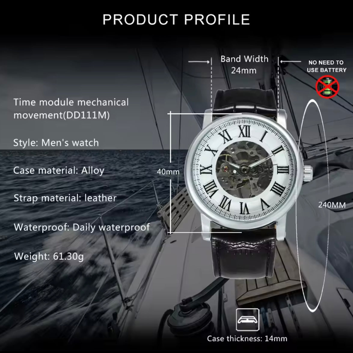 Automatic Skeleton Mechanical Watch Roman Numeral Dial Black Leather Strap