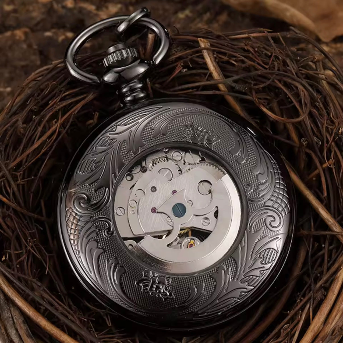 Black Double Face Mechanical Pocket Watch