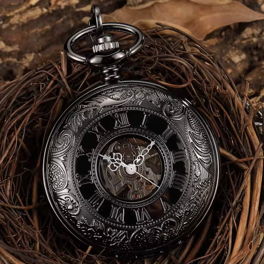 Black Double Face Mechanical Pocket Watch
