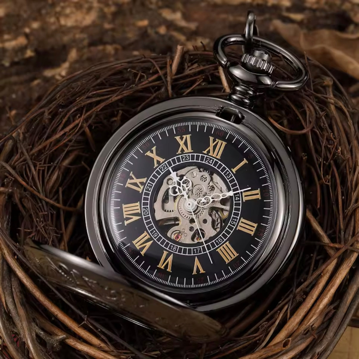 Black Double Face Mechanical Pocket Watch
